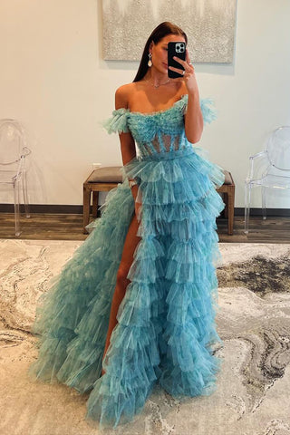 Gorgeous A Line Off the Shoulder Ruffle Tiered Tulle Prom Dress with Slit AB4032505