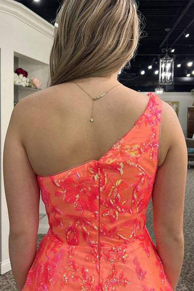 A Line One Shoulder Coral Sequins Long Prom Dress AB26102905