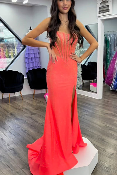 Sparkly Mermaid Scoop Neck Coral Hot Fix Satin Prom Dress with Slit AB26011004