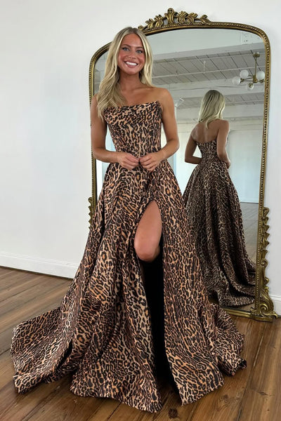 Gorgeous A Line Strapless Leopard Satin Prom Dress with Slit AB26032809