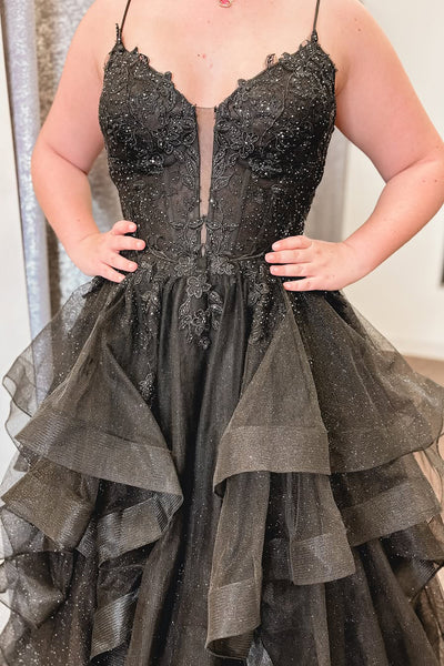 Cute A Line V Neck Black Ruffled Tulle Prom Dress with Appliques AB24121901