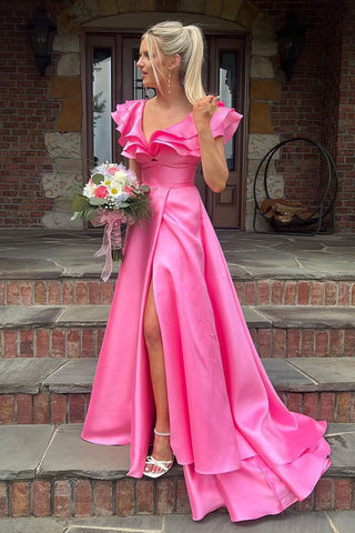 Beautiful A-Line Ruffles Neck Pink Satin Long Prom Dresses with Appliques AB061820
