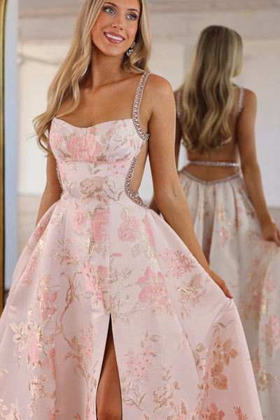 Sweet A Line Spaghtti Straps Pink Jacquard Satin Prom Dress with Beading AB26102704