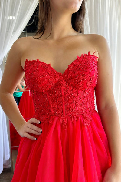 Cute Ball Gown Gown Red Tulle Prom Dresses with Appliques AB121901