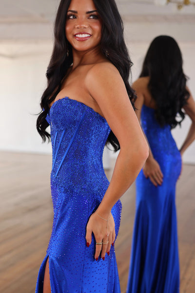 Sparkly Mermaid Sweetheart Royal Blue Hot Fix Satin Prom Dress with Slit AB26102507