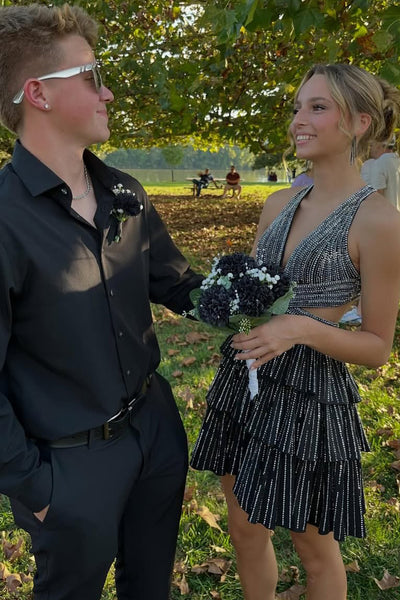 Cute A Line V Neck Black Satin Tiered Homecoming Dress with Hot Stone AB25093008