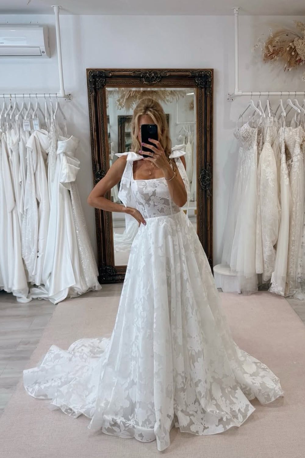 Fashion A Line Square Neck Lcae Wedding Dress AB25092707