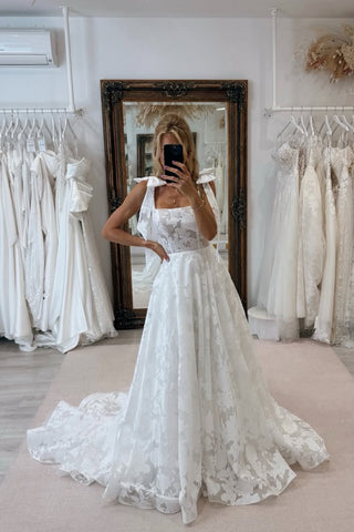Fashion A Line Square Neck Lcae Wedding Dress AB25092707