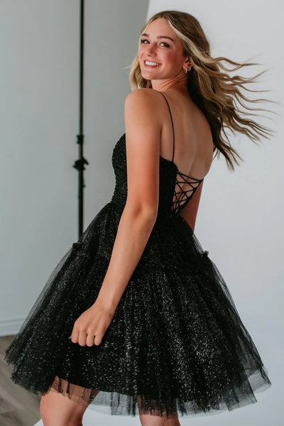 Glitter A-Line Spaghetti Straps Black Tulle Homecoming Dresses AB24072205