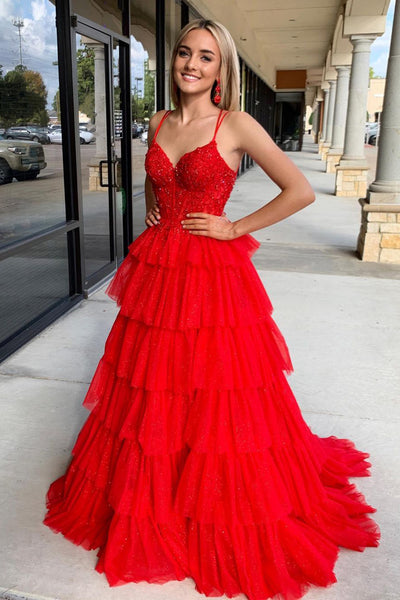 Cute A Line Sweetheart Red Tulle Prom Dress with Appliques AB4011701