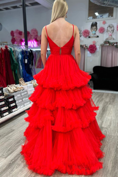 Cute A Line V Neck Red Tulle Long Prom Dresses AB072905