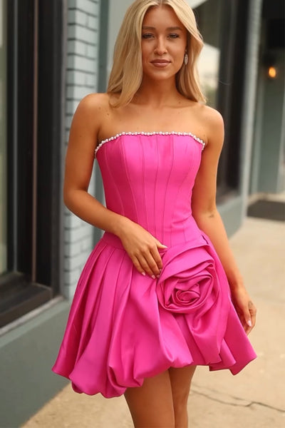A Line Strapless Pink Satin Short Homecoming Dress with Beading AB26071111