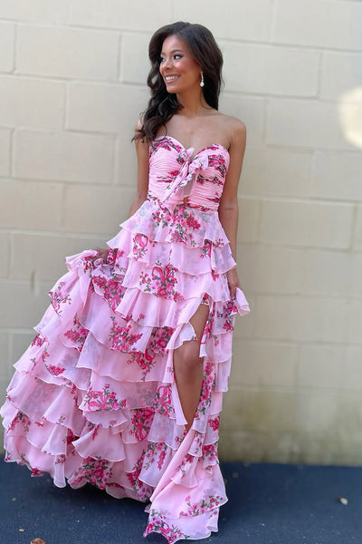 Fairy A Line Pink Chiffon Floral Print Satin Prom Dress with Slit AB25111203