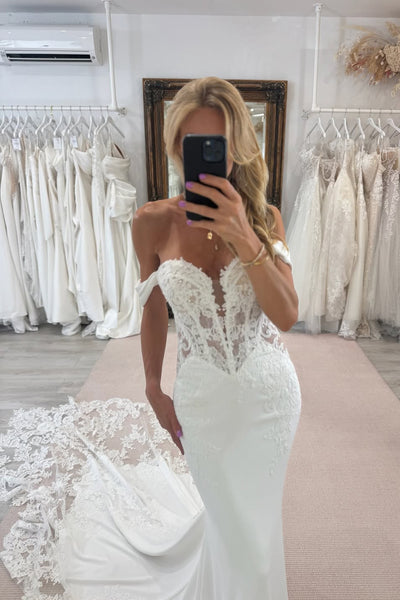 Romantic Mermaid Off the Shoulder Satin Wedding Dress with Appliques AB25092708