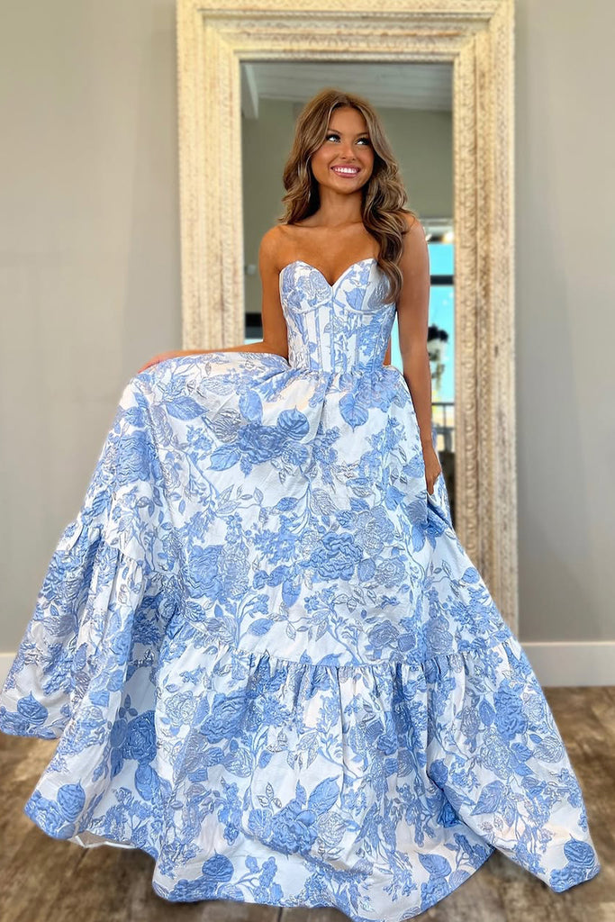 Cute A Line Sweetheart Light Blue Jacquard Satin Prom Dress AB24120305 Anniebride Cute A Line Sweetheart Light Blue Jacquard Satin Prom Dress AB24120305 Anniebride