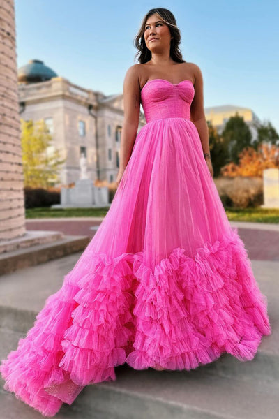 Cute A Line Strapless Pink Tulle Tiered Prom Dress AB120802