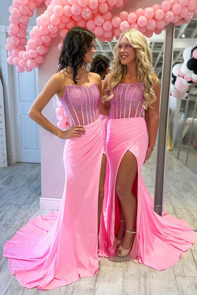 Stunning Mermaid Strapless Pink Stretch Satin Slit Prom Dress AB26031810