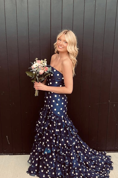 Cute Mermaid Strapless Black White Dot Prom Dress with Slit AB26050710