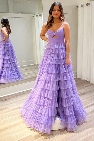A-Line Keyhole Ruffle Tiered Tulle Long Prom Dresses AB4022005