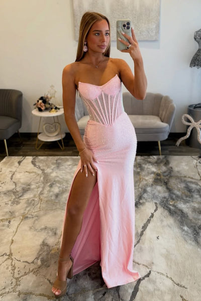 Stunning Mermaid Scoop Neck Pink Hot Fix Satin Prom Dress with Slit AB26012905