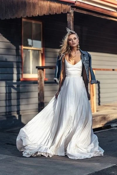 Romantic A Line V Neck Pleat Satin Wedding Dresses AB25052201