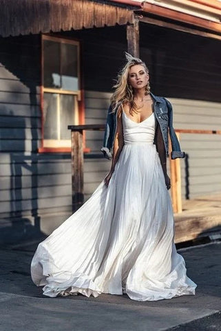 Romantic A Line V Neck Pleat Satin Wedding Dresses AB25052201