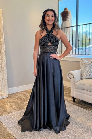 Gorgeous A Line V Neck Black Satin Prom Dress with Beading AB25120606