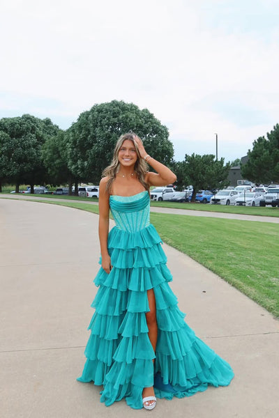 Charming A Line Scoop Neck Teal Tiered Chiffon Wedding Dress with Hot Stone AB25092803