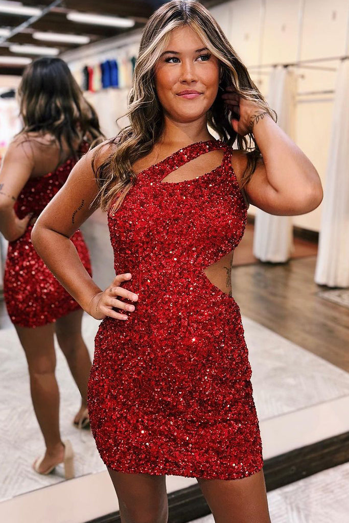 Cute Bodycon One Shoulder Dark Red Sequins Short Homecoming Dresses AB092404 Cute Bodycon One Shoulder Dark Red Sequins Short Homecoming Dresses AB092404