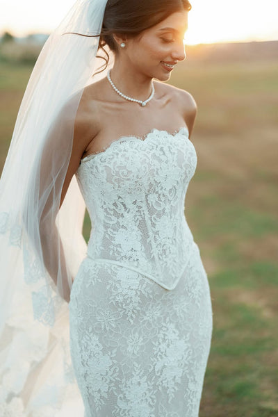 Romantic Mermaid Strapless Lace Long Wedding Dress with Appliques AB25101009