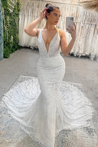 Luxurious Mermaid Deep V Neck Sequins Lace Wedding Dress AB05060705