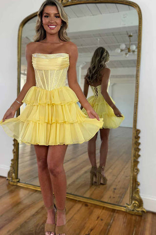 Cute A Line Scoop Neck Yellow Tiered Homecoming Dresses AB25071501