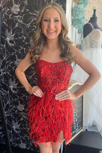 Cute Bodycon Straps Red Sequins Short Homecoming Dresses with Feather AB082504
