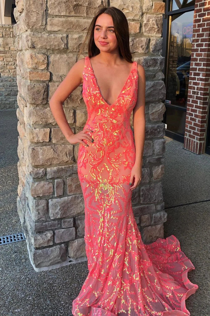 Cute Mermaid V Neck Coral Sequins Lace Prom Dress AB4020101 Anniebride Cute Mermaid V Neck Coral Sequins Lace Prom Dress AB4020101 Anniebride