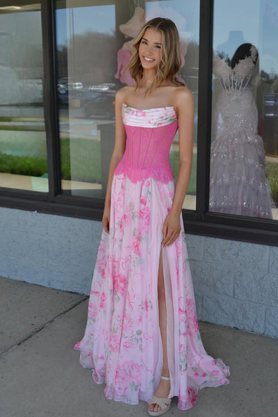 Cute A Line Scoop Neck Floral Chiffon Prom Dress AB26032804