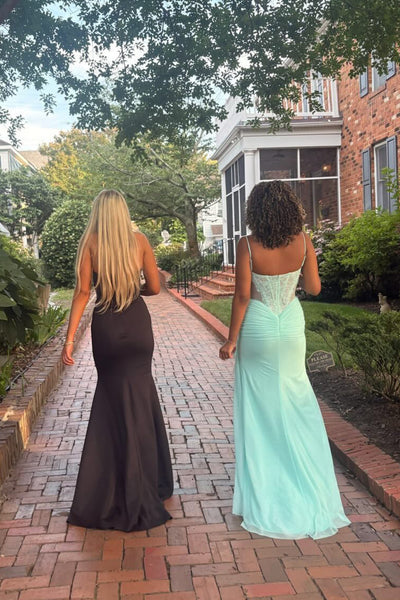 Sheath V Neck Aqua Chiffon Long Prom Dress with Lace AB26070717