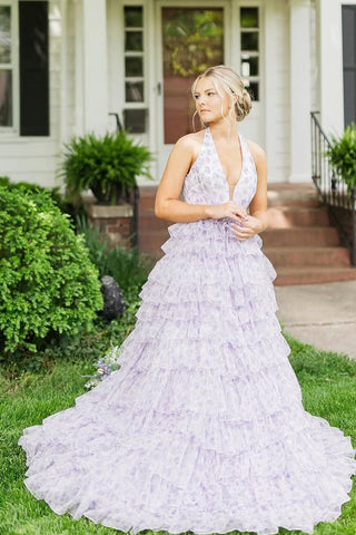 Cute A Line Halter Floral Tulle Tiered Prom Dresses AB25051405