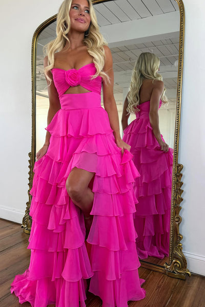 A Line Strapless Hot Pink Chiffon Long Prom Dress with Slit AB26040519