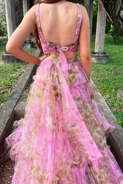 Lovely Two Piece V Neck Floral Printed Tulle Long Prom Dress AB4042701