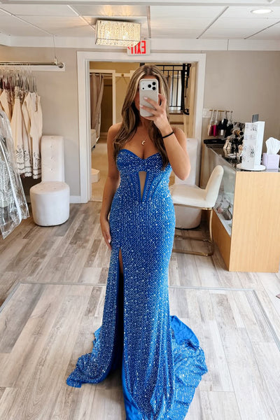Gorgeous Mermaid Sweetheart Royal Blue Satin Prom Dress with Pearls AB26041908