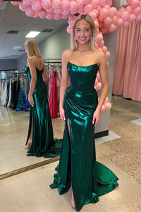 Mermaid Strapless Dark Green Satin Long Prom Dresses with Slit AB25032107
