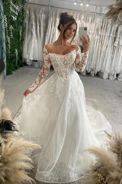 Elegant A Line Off the Shoulder Lace Tulle Wedding Dress with Long Sleeves AB26010403