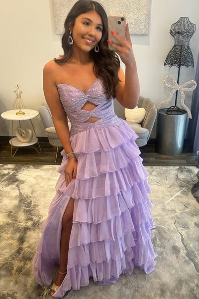 Cute A Line Sweetheart Lavender Tiered Chiffon Prom Dress AB26033014