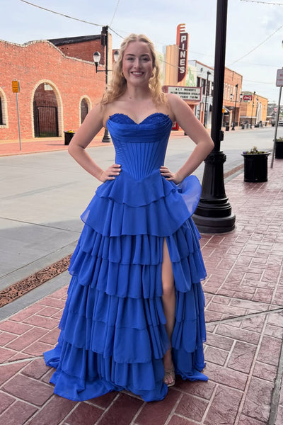 Cute A Line Sweetheart Royal Blue Tiered Chiffon Prom Dress AB26031309