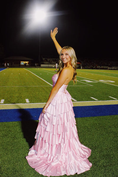 Fairy A Line Sweetheart Keyhole Pink Tiered Prom Dress with Hot Stone AB25092702