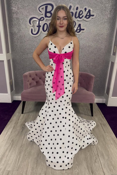 2026 Mermaid V Neck White Black Dot Printed Satin Prom Dress with Bow AB26011009