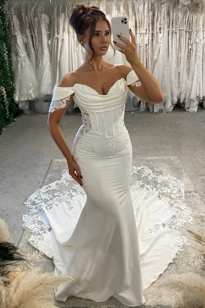 Off the Shoulder Mermaid Elastic Satin Wedding Dress with Appliques AB26060812