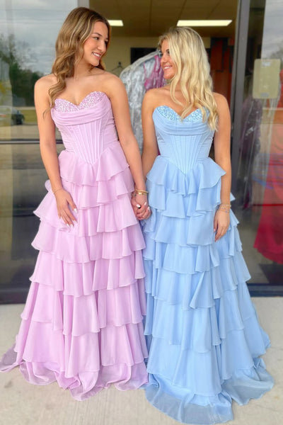 Cute A Line Sweetheart Pink Chiffon Tiered Prom Dress with Beading AB26012704