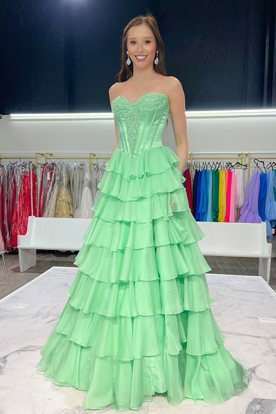 A Line Sweetheart Mint Chiffon Tiered Prom Dress AB26011006