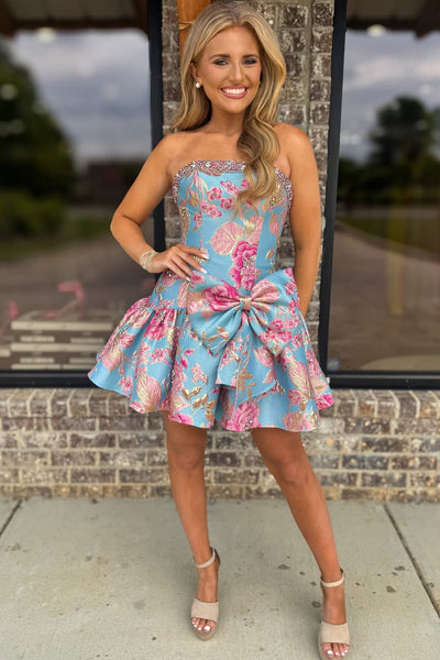 A Line Strapless Jacquard Satin Short Homecoming Dress with Bow AB26060904